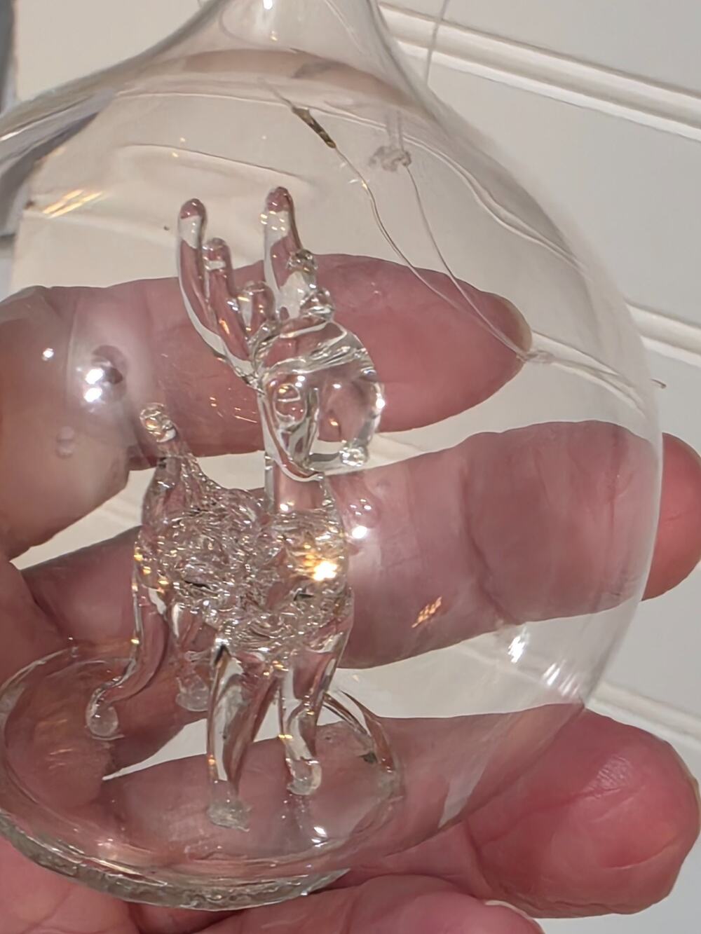 Hand Blown Clear Glass Christmas Ornament Globe Ball w/ Glass Reindeer 2 1/2"